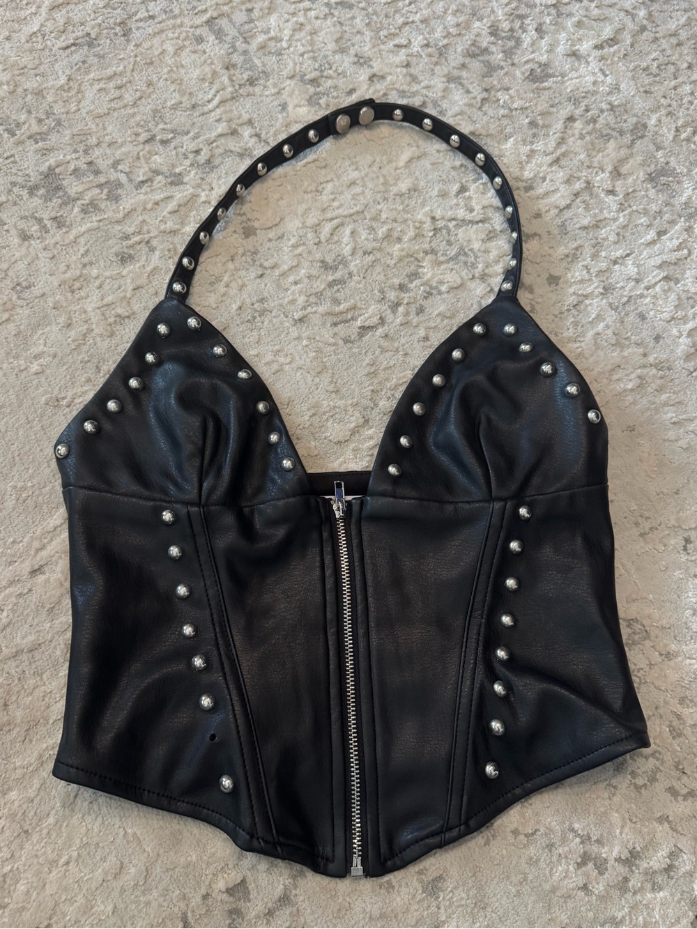 superdown Black Studded Faux Leather Corset Halter Top